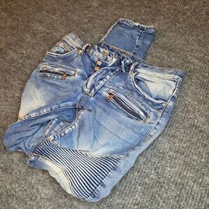 MNML Moto Biker Jeans Blue Denim Zipper Ankle Detail Distressed Wash Men's Size